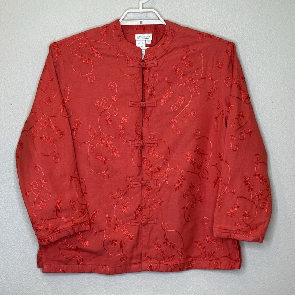 Coldwater Creek Embroidery Asian Jacket Womens Sz XL Red Long Sleeve Knot Button